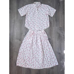 Vtg 80's Geometric Patterned Cotton 2 Piece Set Shirt Skirt Sz L New Wave Retro